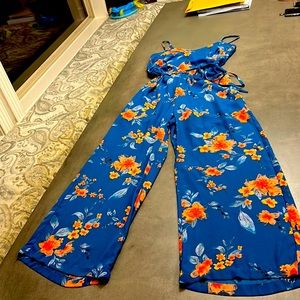 Blue flowered pant suit.